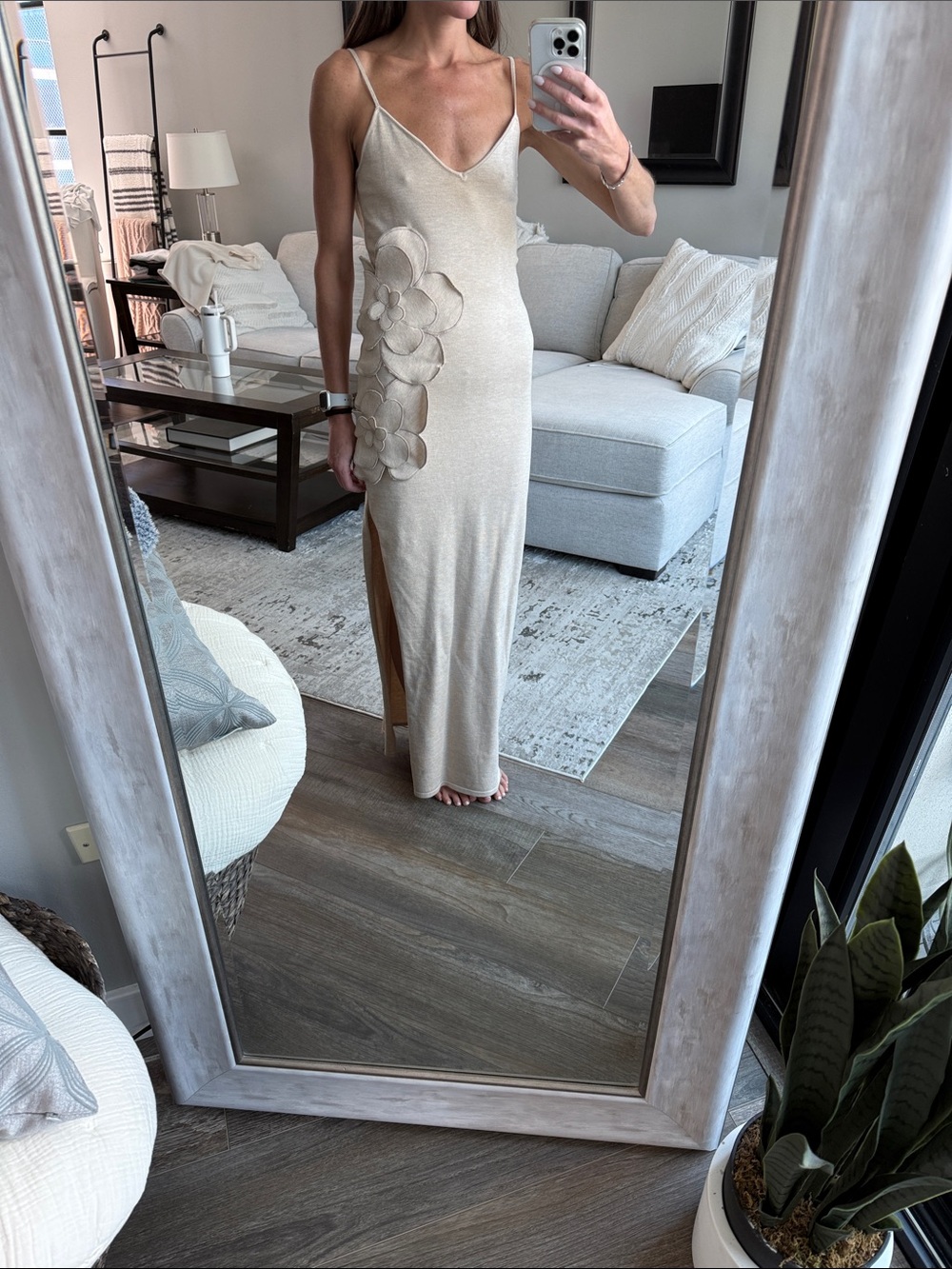 Blue Blush Beige Floral Appliqué Spaghetti Strap Maxi Dress with side slit